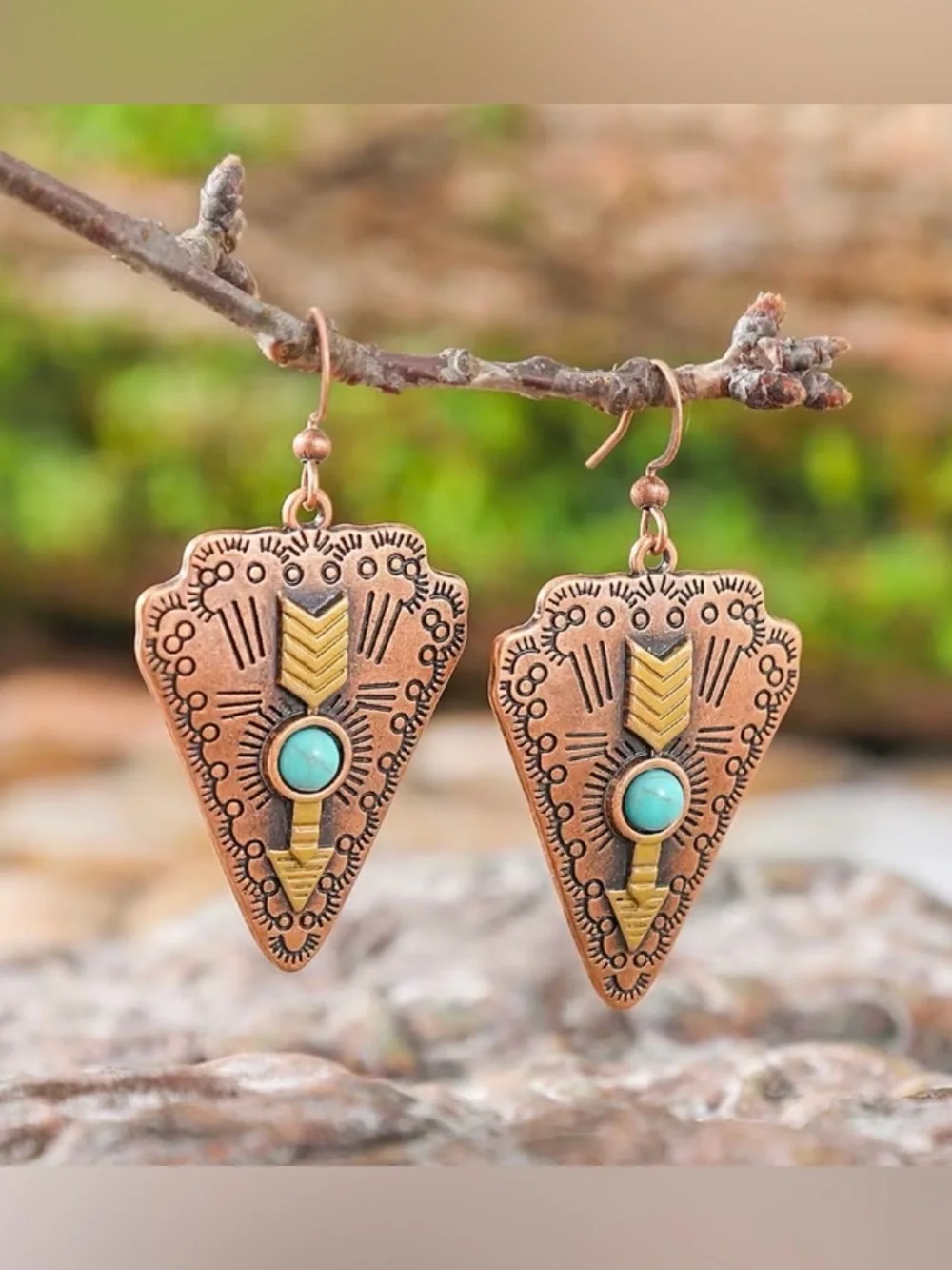 Western Earrings Turquoise Accent Copper Arrow Drop Earrings Southwestern